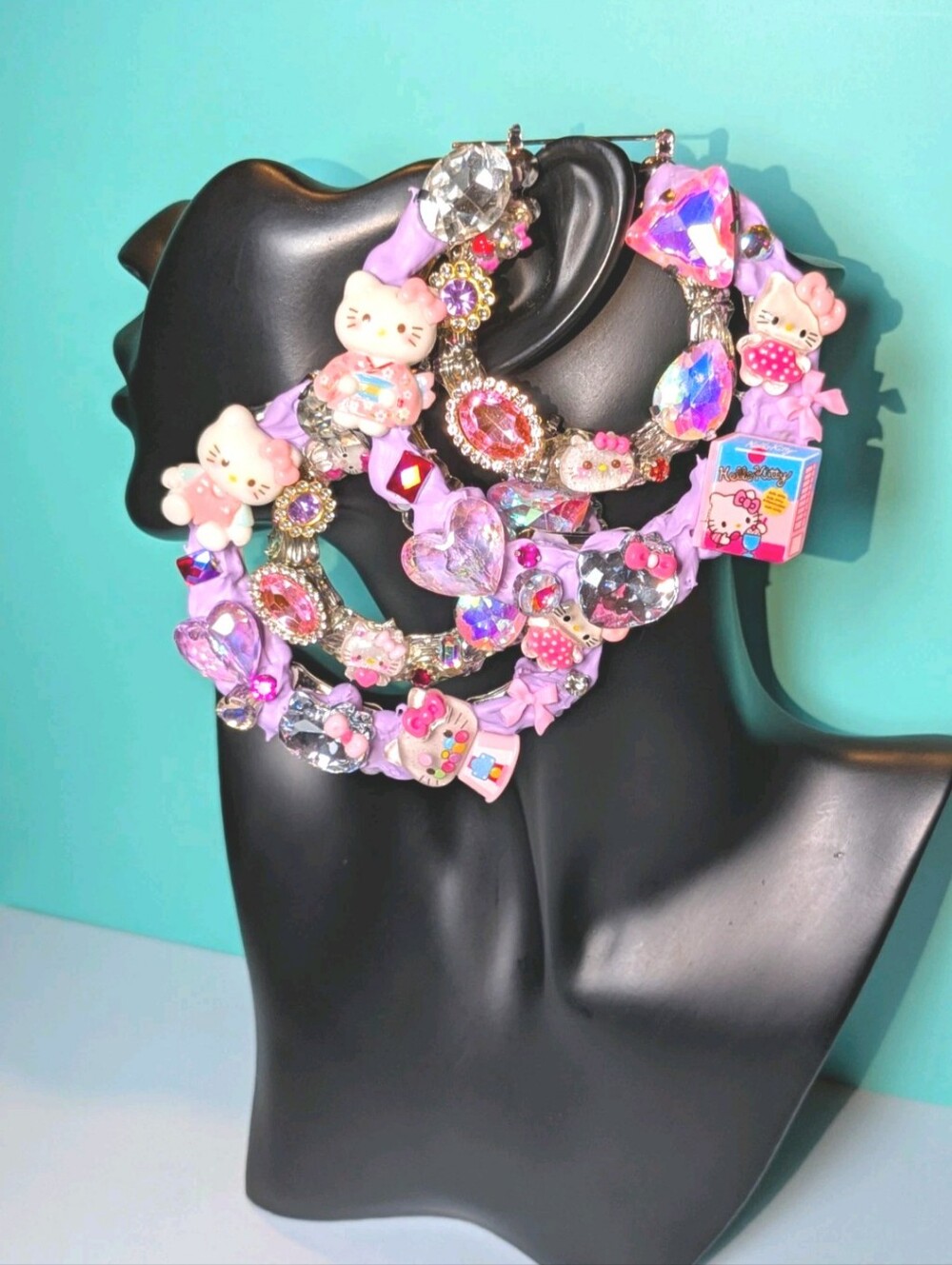 Hand Crafted Women's Xl decoden Lavender Pink Jeweled Kitty Charm Hoop Earrings